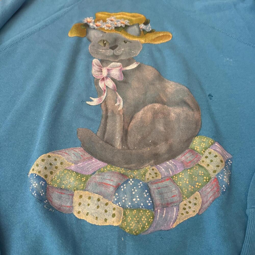 Vintage 90s Teal Bunny Graphic Sweatshirt Patchwork Quilt Print Womens XL - Picture 3 of 7